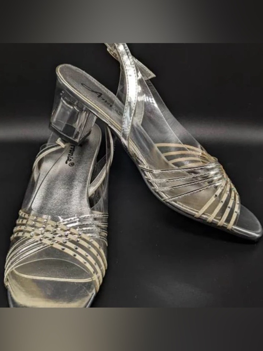 Rare Vintage Silver Clear Block Heel Slingback Sandals
